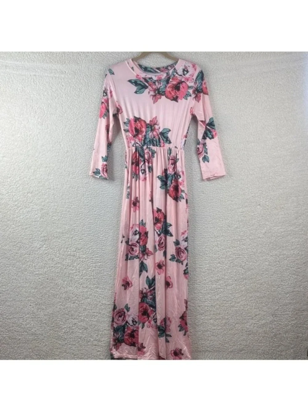 Unbranded Womens Pink Floral Stretch Long Sleeve Pullover Maxi Dress Size 10